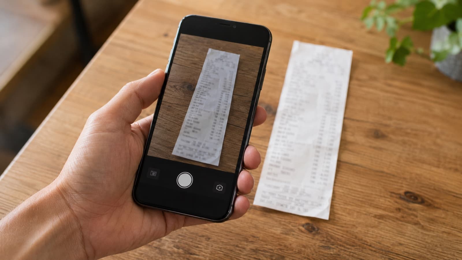 Uno smartphone che inquadra uno scontrino lungo su un piano di legno