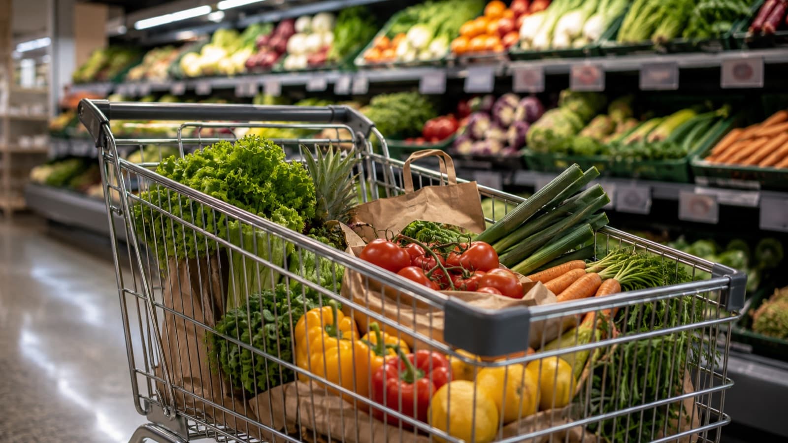 Un carrello della spesa a metà pieno in una corsia di supermercato, con frutta e verdura fresca in primo piano e i cartellini dei prezzi sfocati sullo sfondo
