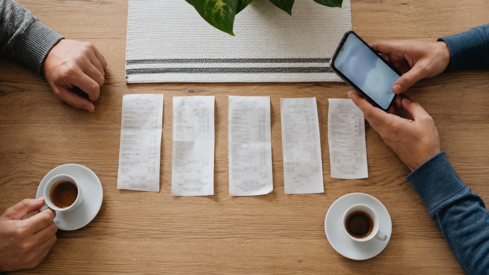 Due persone sedute al tavolo della cucina con una tazza di caffè e alcuni scontrini del supermercato allineati davanti a loro; una delle due tiene in mano il telefono.
