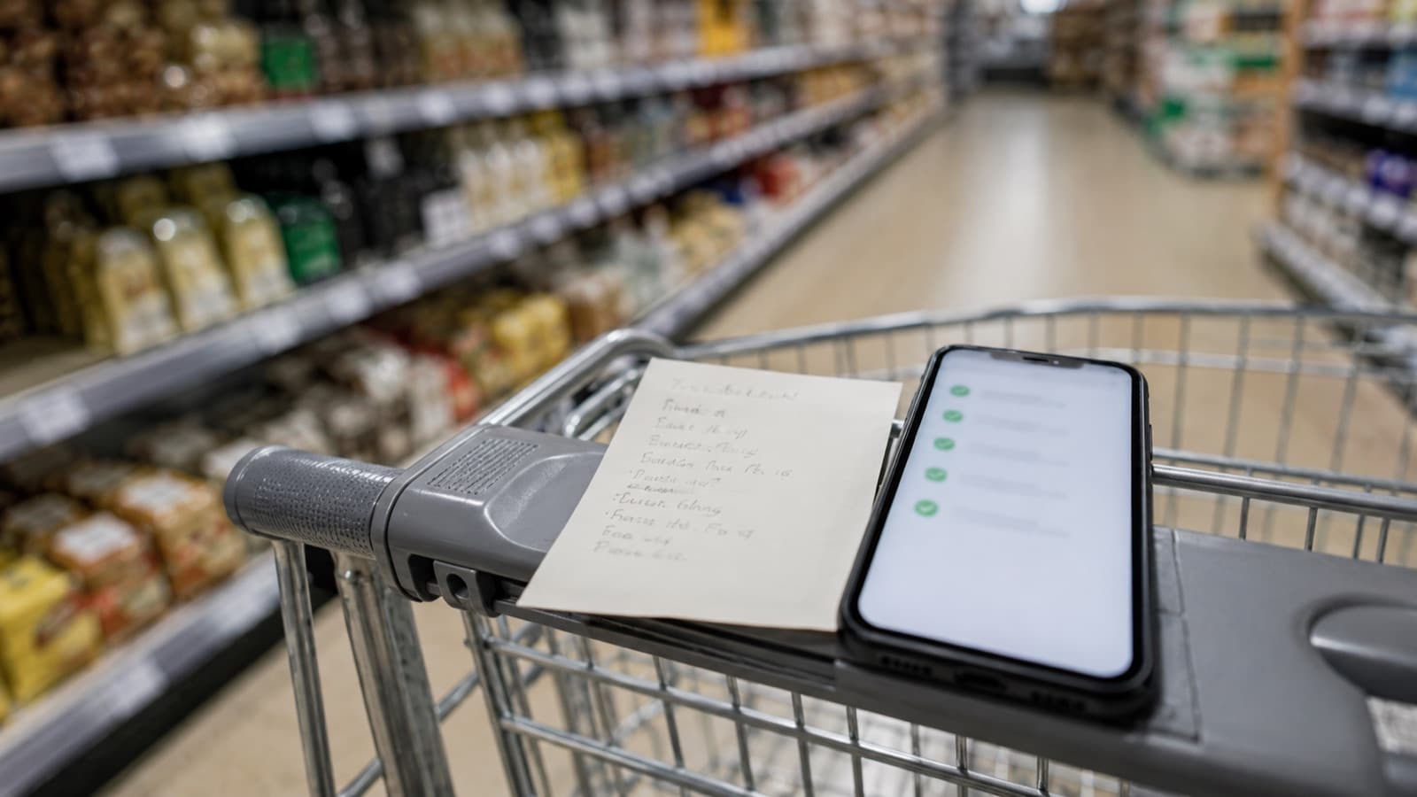 Una lista della spesa scritta a mano su un foglietto appoggiata sul manico di un carrello, con un telefono accanto che mostra un elenco con le spunte
