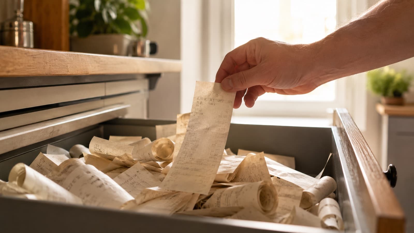 Un cassetto della cucina aperto pieno di scontrini vecchi e sbiaditi, alcuni arrotolati, con una mano che ne prende uno controluce