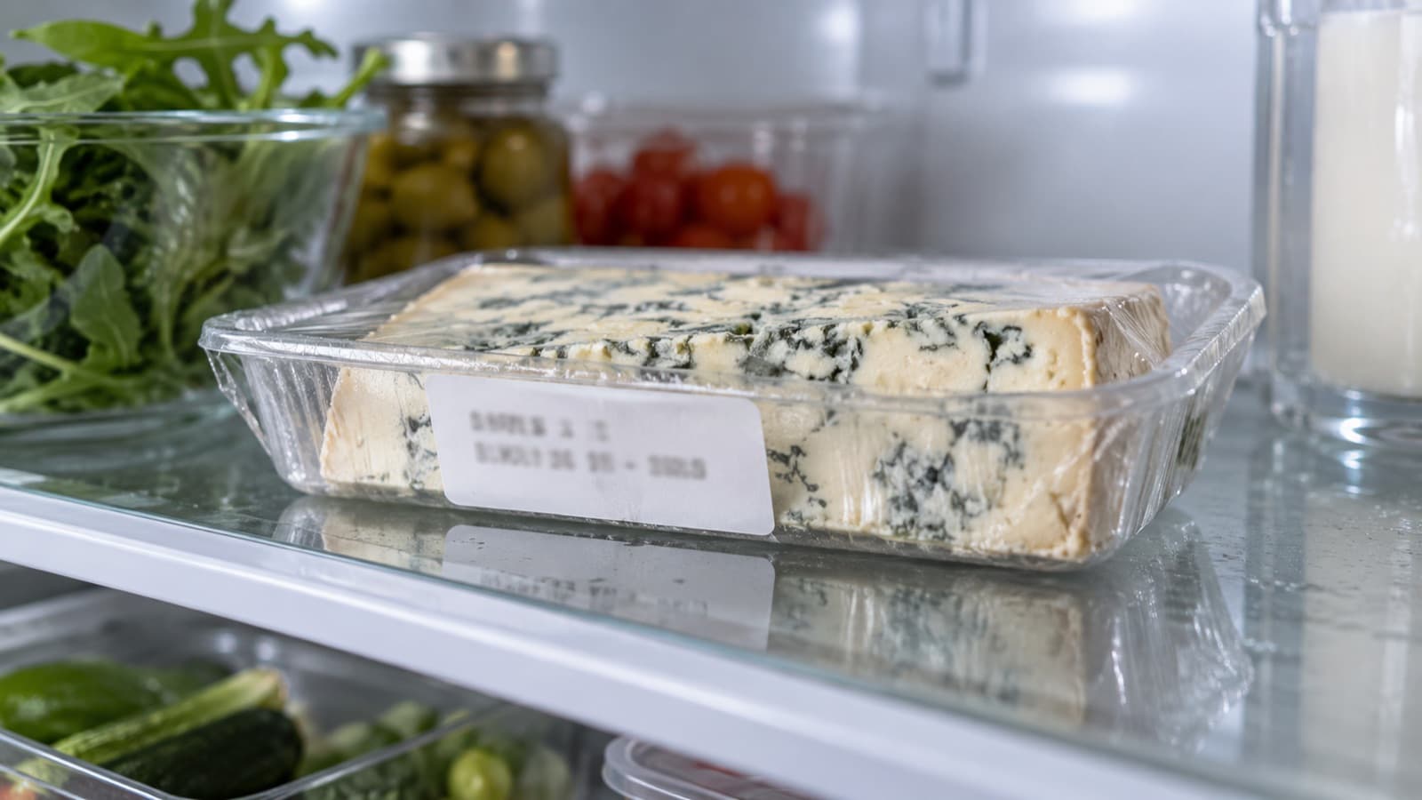 Una vaschetta di formaggio erborinato su un ripiano di vetro del frigorifero, con l'etichetta del lotto rivolta verso chi guarda